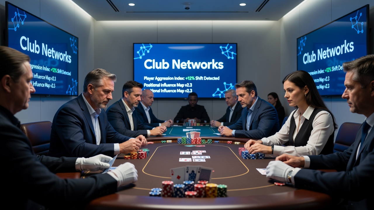 Players discussing strategy between hands at a networked poker club event