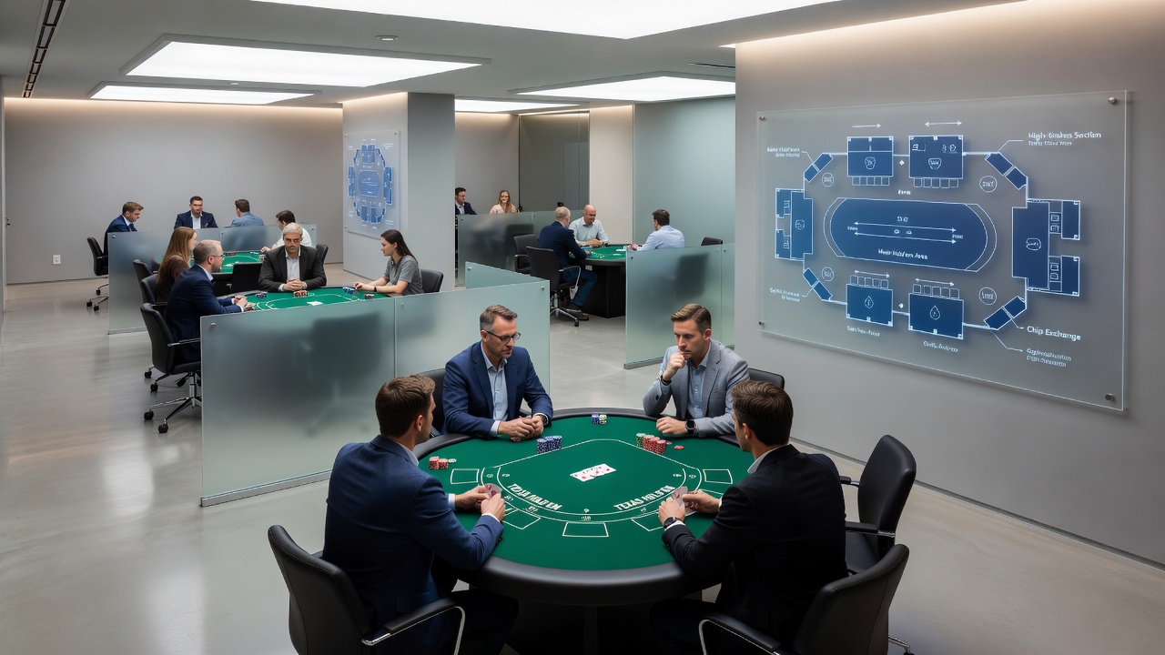 Detailed view of Hold'em table positioning relative to casino pathways and lighting